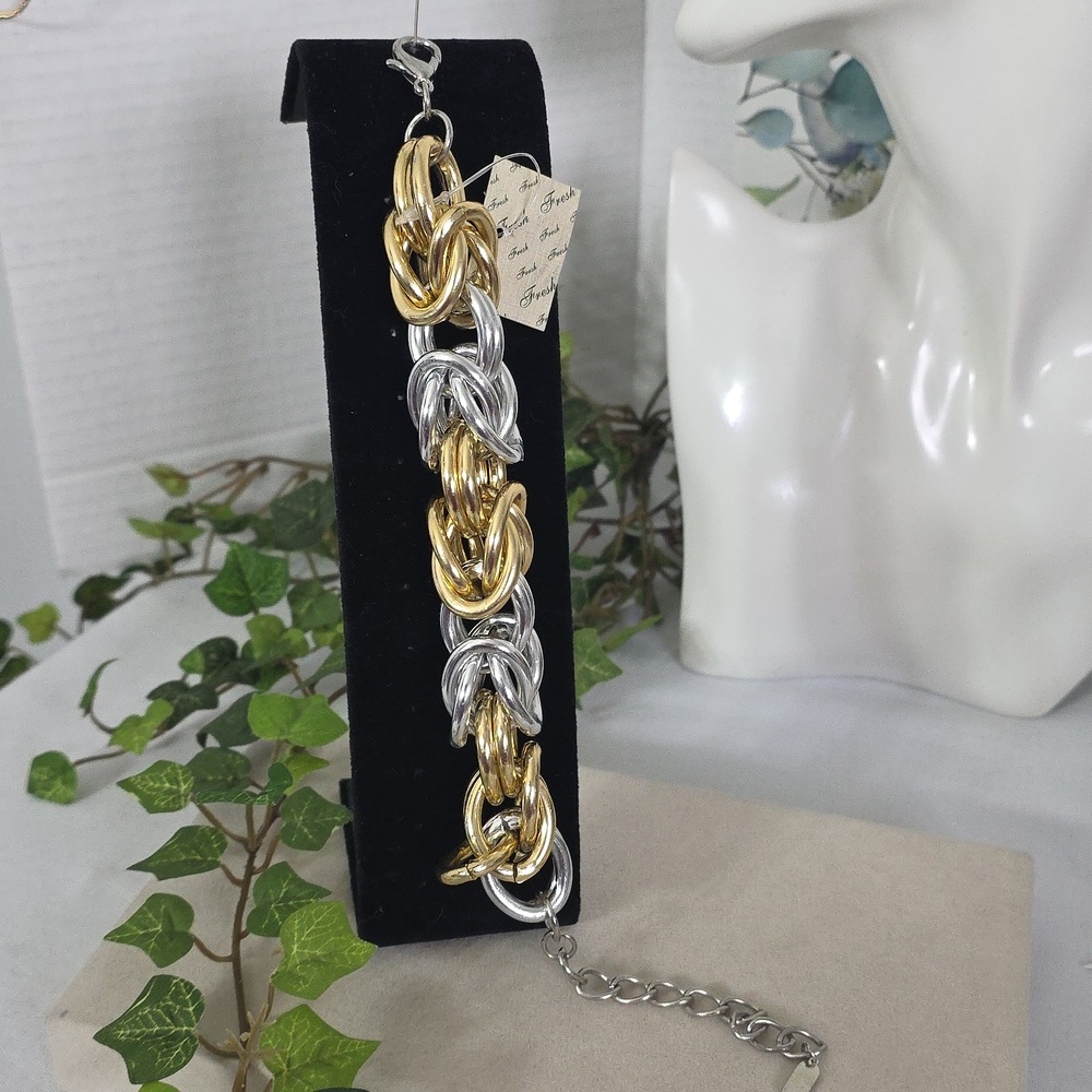 Statement Chunky Two Tone Chain Bracelet Interlocking Gold and Silver Links